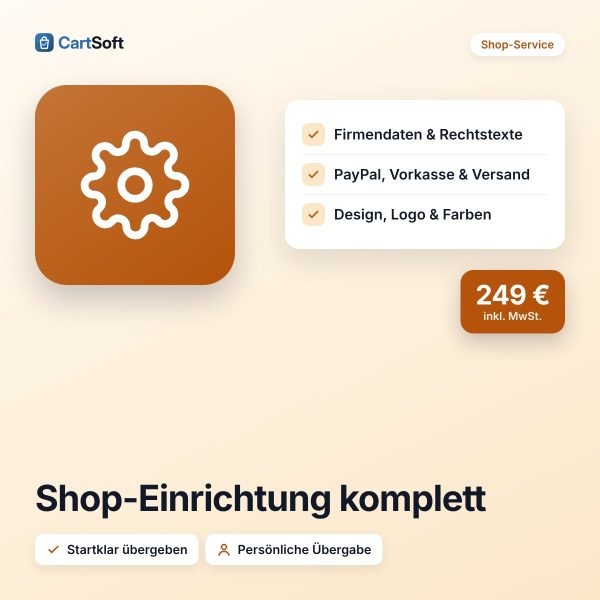 Shop-Einrichtung komplett – Dein Shop – startklar eingerichtet: Firmendaten, Zahlungsarten, Versandkosten,
